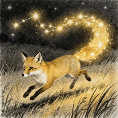 Illustration Of A Small Fox With A Constellation Tail, Running On The Night Grass Vector Design Template