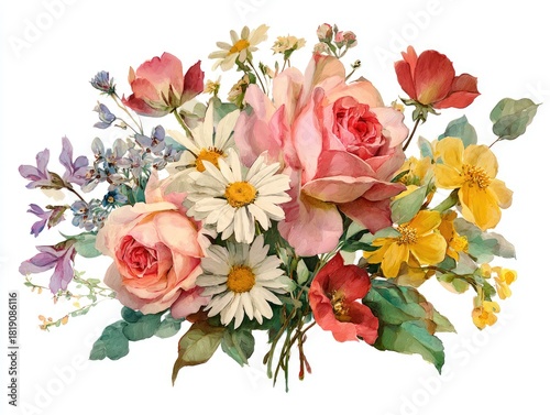 Watercolor illustration of a vibrant floral bouquet, roses, daisies, and wildflowers