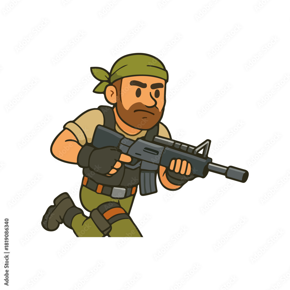Obraz premium Running soldier with rifle. Tactical fighter rushing into battle. Military commando sprinting with gun.
