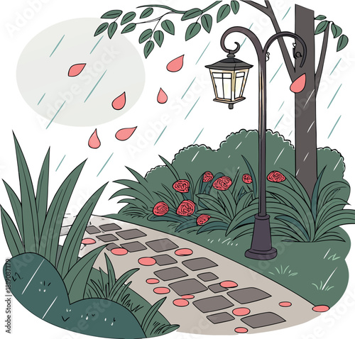 Tranquil Rainy Garden Path Illustration with Roses and Lamppost | Moody Autumn/Evening Scene