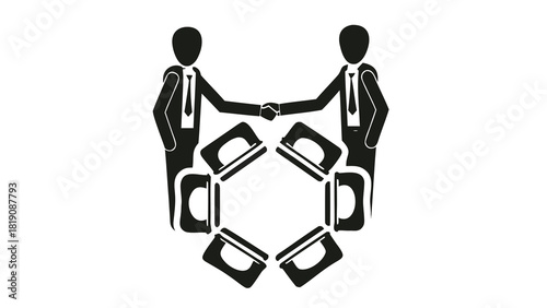 Two diverse business professionals in formal attire shaking hands symbolizing partnership agreement and a successful deal in a corporate setting