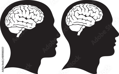 Two black silhouette profiles showing detailed human brains silhouette