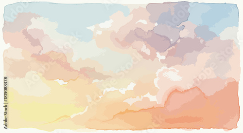 Soft pastel watercolor painting depicting a serene sky with fluffy clouds	