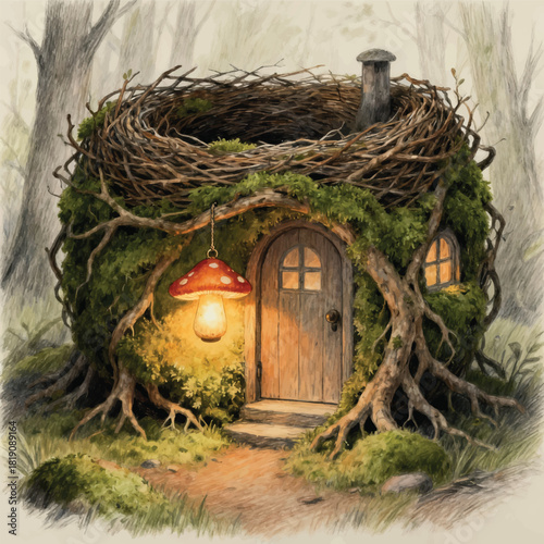 Illustration Of A Small House Made Of Moss And Roots In The Shape Of A Bird's Nest Vector Design Template