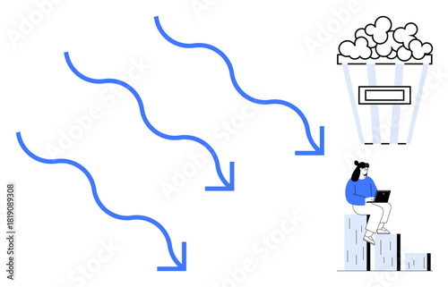 Blue arrows representing process flow or data transfer, storage bucket, and individual working on a laptop. Ideal for workflow, data management, cloud storage, process optimization, remote work