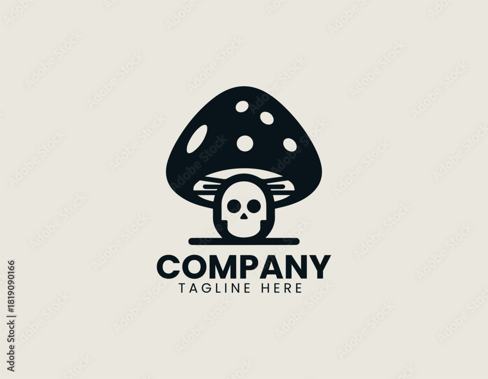 Obraz premium A distinctive black mushroom with white spots, featuring a small stylized skull underneath its cap.