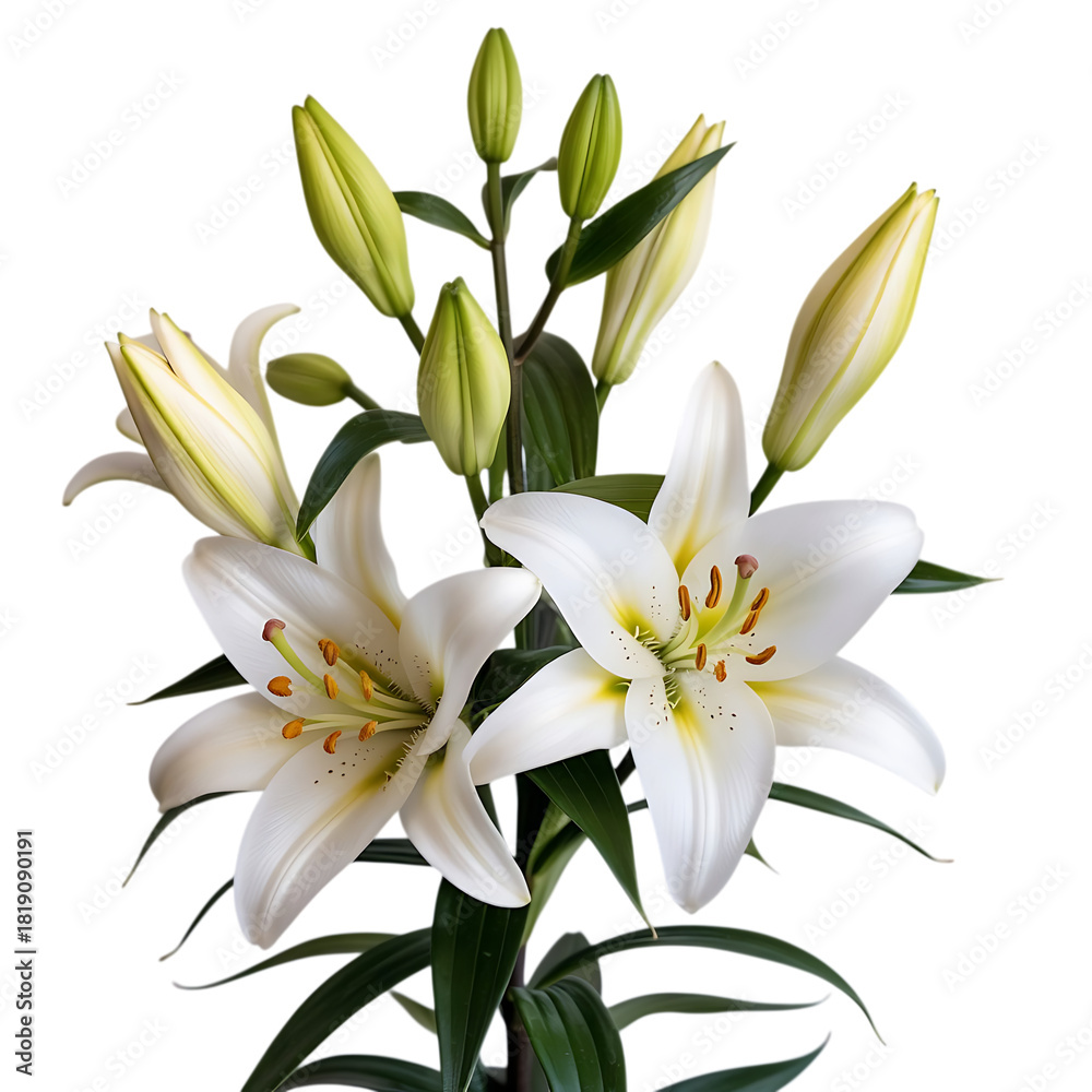 Obraz premium Elegant white lilies with buds in bloom isolated on transparent background