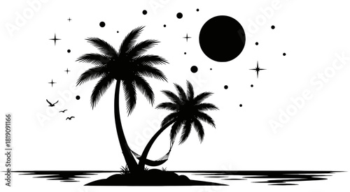 Tropical palm trees silhouette with moon and stars