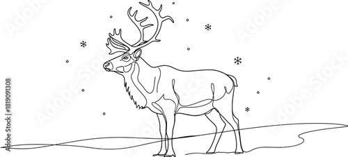 Reindeer stands in a snowy landscape in line art style