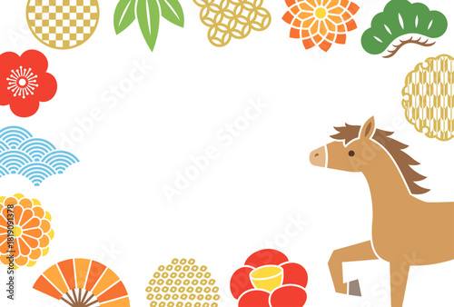 カラフルな和風の飾りと馬のフレーム