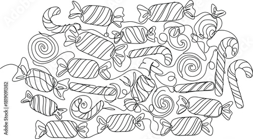 Continuous line drawing of assorted candies on white art