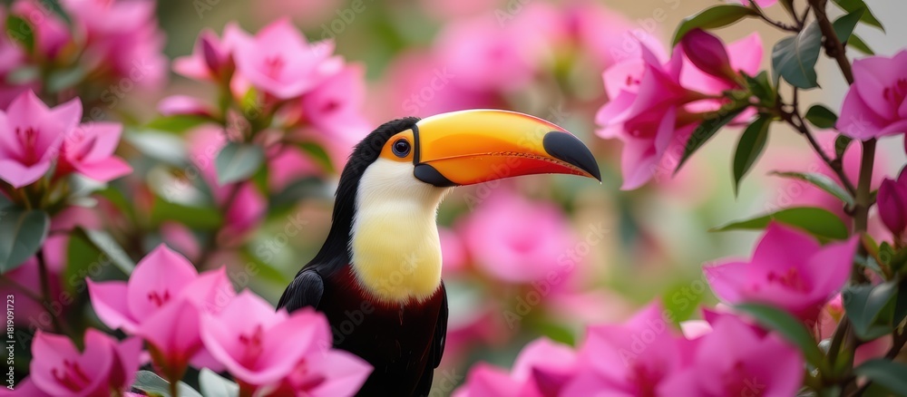 Obraz premium Colorful toucan amidst vibrant pink flowers in a lush setting.