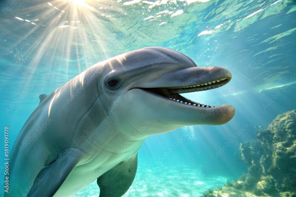 Fototapeta premium A close-up of a dolphin smiling underwater