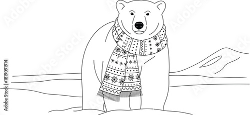 Polar bear wearing a scarf in a snowy landscape drawing