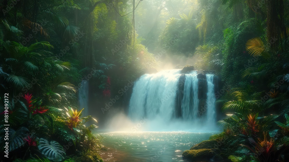 Obraz premium Lush waterfall cascades into serene pool, surrounded by vibrant greenery and soft sunlight