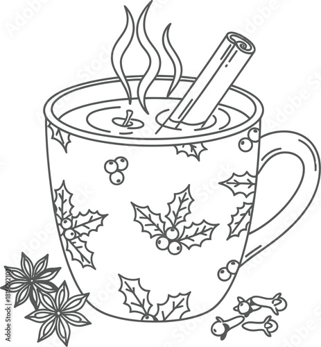 Steaming mug of mulled wine with spices and festive design