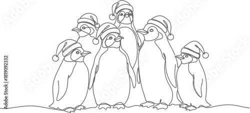 Group of penguins wearing santa hats in continuous line art