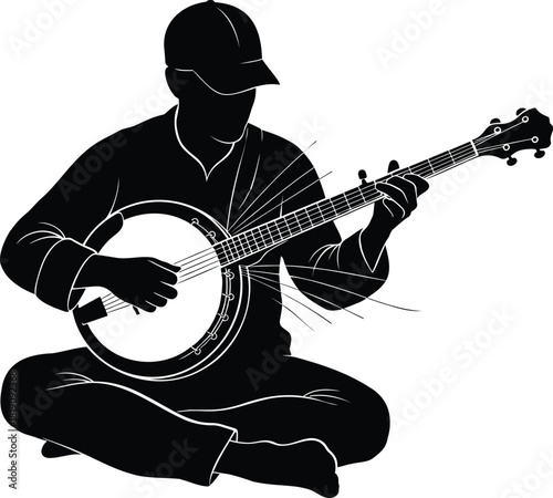 Silhouette of man sitting and playing banjo musical instrument