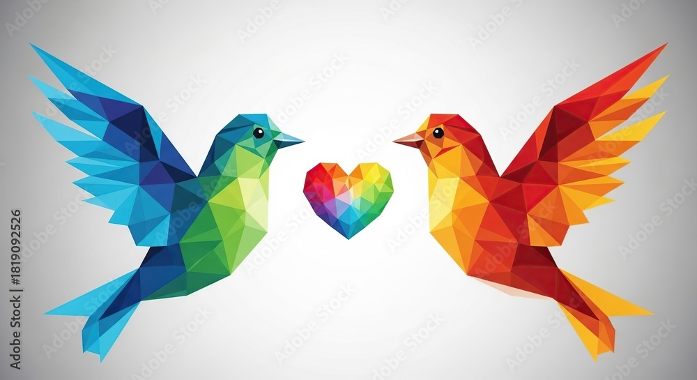 Obraz premium Geometric birds with colorful heart, abstract love concept