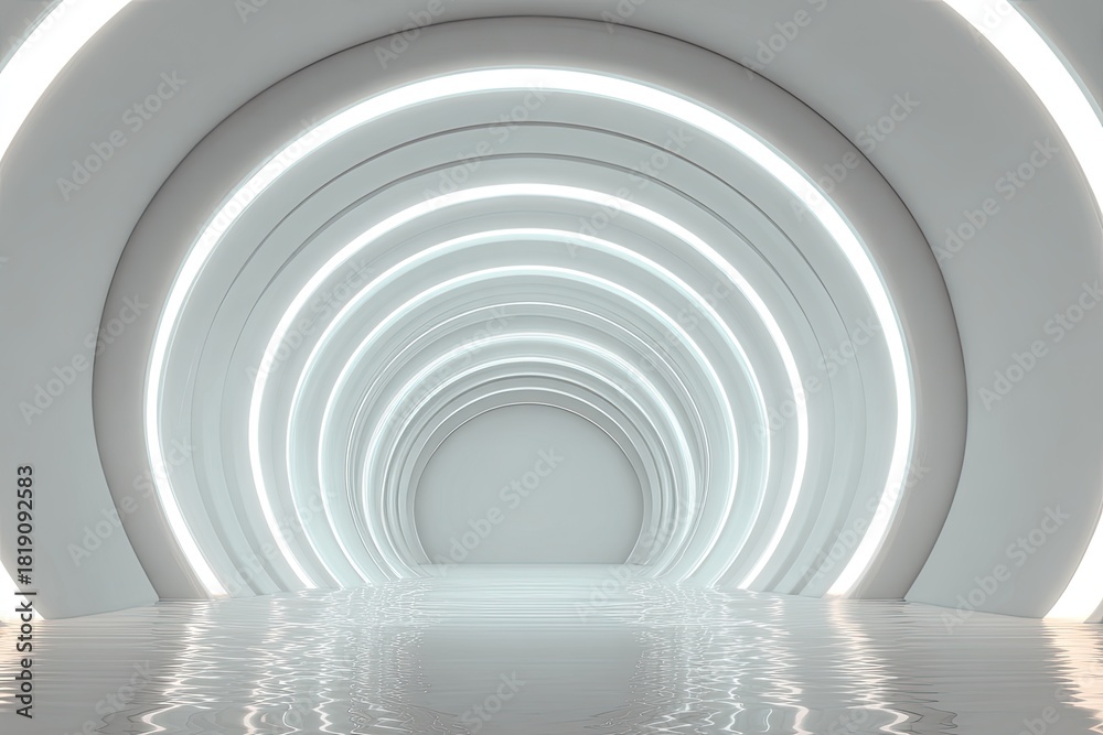 Obraz premium A futuristic, bright white tunnel with concentric circular lights and a reflective floor