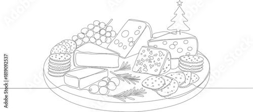 Festive cheese board with grapes and crackers line art