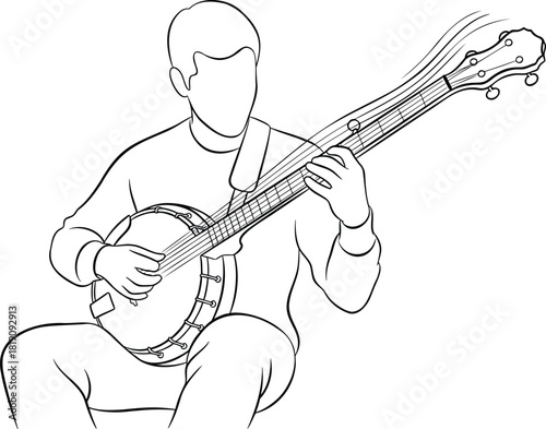 Line art illustration of man playing banjo musical instrument