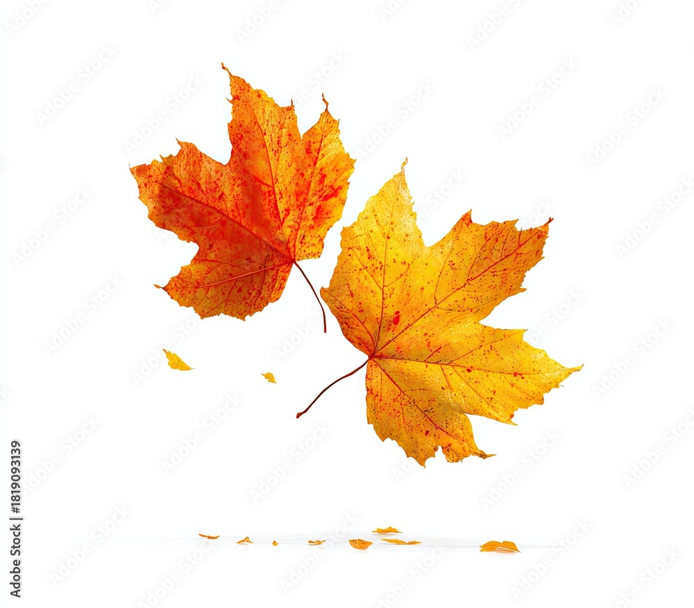 Fototapeta premium Two vibrant maple leaves falling, orange and yellow, against white background