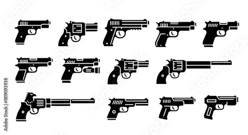 Handgun and Revolver Silhouette Icon Collection for Safety and Warning Graphics