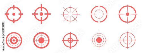 Target icon collection showing bullseye symbols, crosshairs icons, and vector target illustrations, suitable for focus graphics, game interfaces, navigation designs, and digital vector artwork.