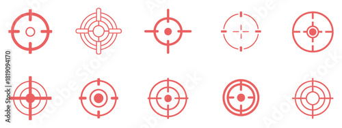 Target icon collection showing bullseye symbols, crosshairs icons, and vector target illustrations, suitable for focus graphics, game interfaces, navigation designs, and digital vector artwork.