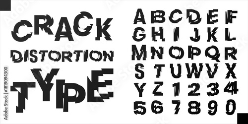 Abstract distorted alphabet with glass refraction. Futuristic warped letters and numbers for posters, covers, branding, and creative layouts.