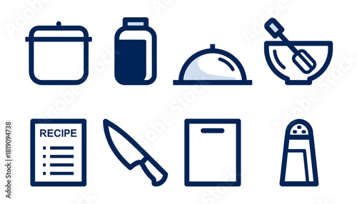 Cooking, Kitchen, and Culinary Line Icon Set: Pot, Jar, Serving Dome, Mixing Bowl, Recipe, Chef Knife, Cutting Board, and Salt Shaker for Food Preparation and Restaurant