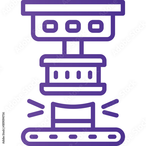 Industrial Hydraulic Press Machine In Purple Outline With Conveyor Belt And Light Effects On Transparent Background