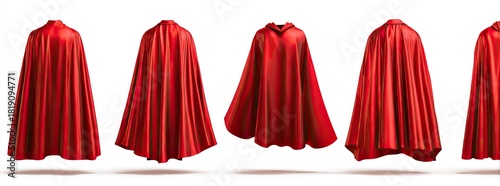 Row of red capes, varied shapes, one hooded, against a white background