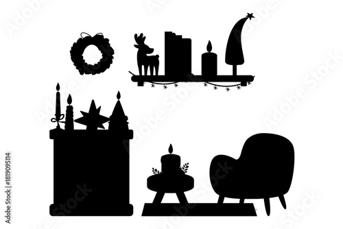 Silhouette cozy room with small fireplace armchair and shelf