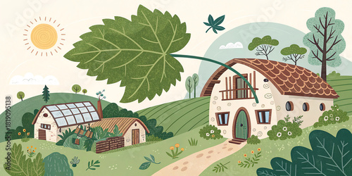 Illustration of countryside landscape with rural houses and green hills