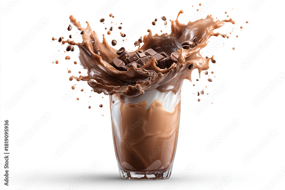 Fototapeta premium A dynamic chocolate beverage with a rich splash of liquid and falling chocolate chunks and coffee beans against a bright white background