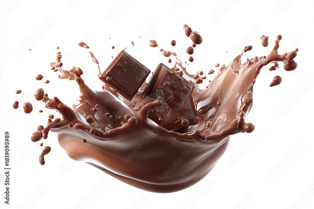 Fototapeta premium Chocolate cubes creating a dynamic splash in a rich flowing liquid on a pure white background