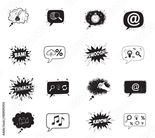 Rough Doodle Graphic Set. Exclamation, Question, Money, and Solution Symbols in Comic Speech Bubbles.