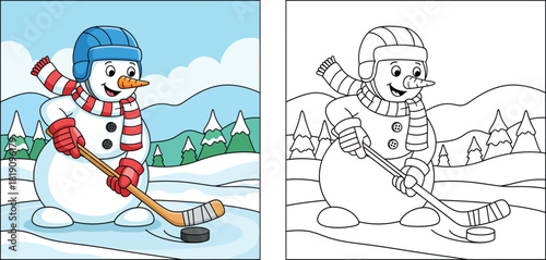 Cartoon snowman playing ice hockey coloring page, winter sports vector illustration with colored example and black and white outline for kids activity book