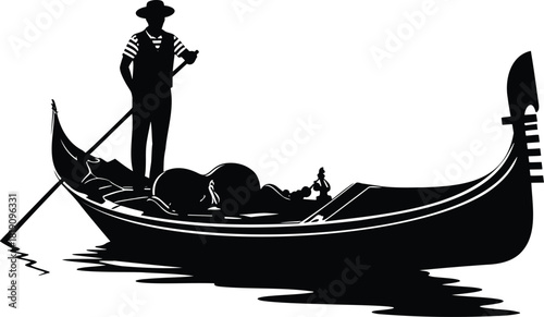 Silhouette of gondolier rowing gondola with reclining passenger on water