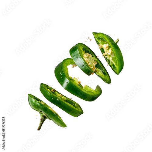 Flying slices of fresh green jalapeño pepper isolated on white background. Spicy chili vegetable cut into pieces in motion.