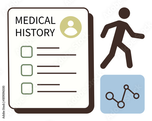 Medical history form, green checklist, walking figure, and data graph. Ideal for health tracking, wellness, fitness, medical documentation, data analysis preventive care simple flat metaphor