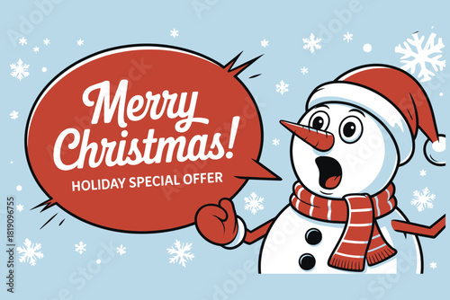 Surprised snowman announcing merry christmas and holiday special offer