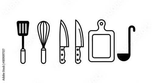 Kitchen Utensils Line Art - Spatula, Whisk, Knives, Cutting Board, Ladle.