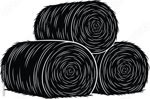 Detailed silhouette of stacked round hay bales for farm and agriculture design