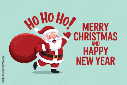 Santa claus with a large sack of gifts saying ho ho ho merry christmas and happy new year