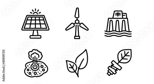 Renewable Energy Icons - Solar, Wind, Hydro, Geothermal, Biomass, and Green Energy.