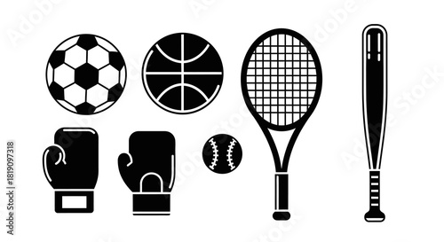 Sports Equipment Icons - Soccer Ball, Basketball, Tennis Racket, Baseball Bat, Boxing Gloves, Tennis Ball.