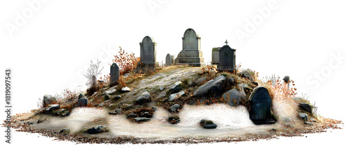 Eerie cemetery scene with aged tombstones and fallen autumn leaves evokes feelings of remembrance, loss, and the passage of time, ideal for Halloween themes